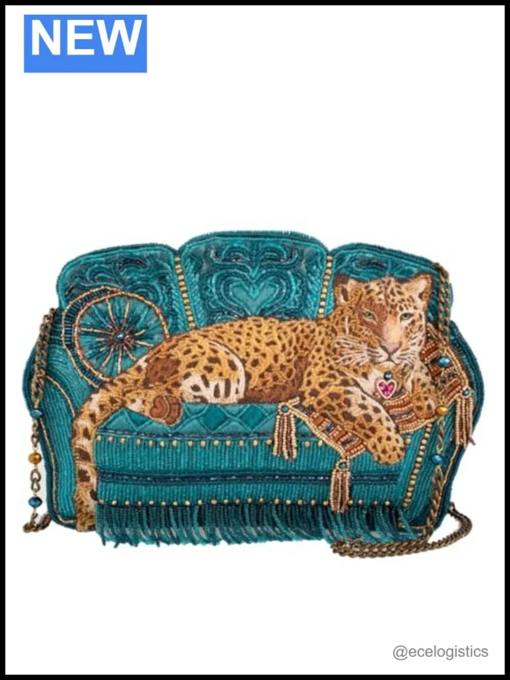 Hand-Beaded Leopard Clutch Crossbody Bag with Removable Chain Strap